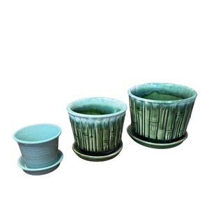 Set of 3 Vintage Planters McCoy Bamboo Pots + Robin's Egg Blue Speckled Planter